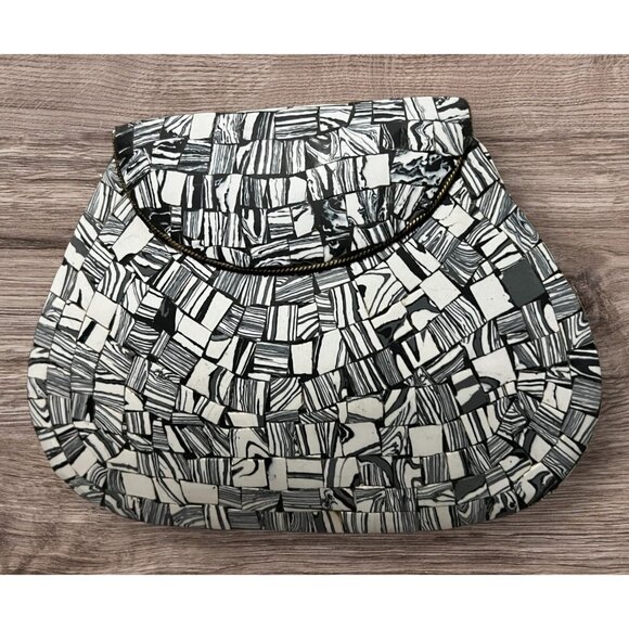 Ramla Handmade Moroccan Mosaic Stone TileCrossbody Purse  Ramla Handmade Moroccan Mosaic Stone Tile Crossbody Purse Black/White Chain Stra